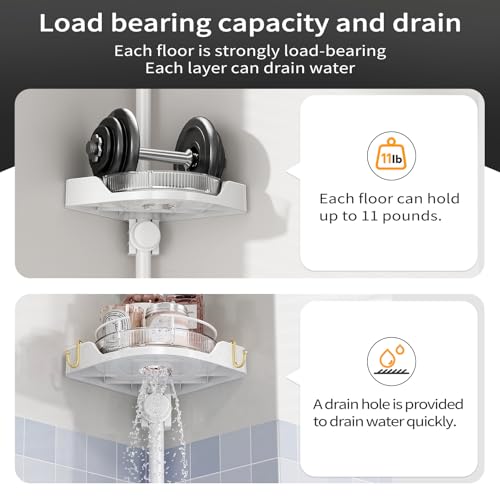 360° Rotating Shower Caddy Tension Pole, 4 Tiers Corner Shower Organizer for Bathroom Shelf Bathtub, Adjustable Standing Shower Rack Bathroom Accessories, Easily Assemble, 34-124 Inch Height, White - color: White, size: 4tiers