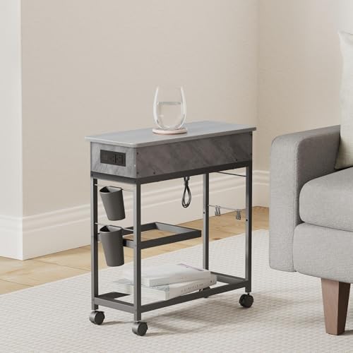 Colima Lift Top End Table with Charging Station and Wheels, Sofa Side Table with USB Port & AC Outlets, Movable Bedside Nightstand with Side Bag for Office Living Room Bedroom(Gray) - color: Grey