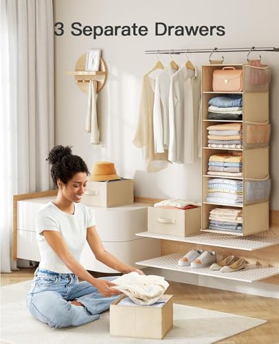 Pipishell 6-Shelf Hanging Closet Organizer, with 3 Detachable Drawers & Side Pockets, Closet Organizers and Storage for Bedroom, Garment Rack and Wardrobe Organization, Dorm Clothes Organizer, Beige - color: Beige