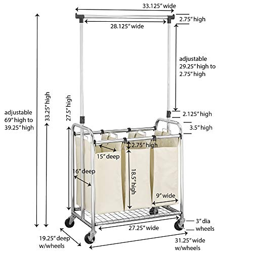 Household Essentials 3-Bag Laundry Sorter with Clothes Rack, Silver, Lightweight, Removable, Sturdy