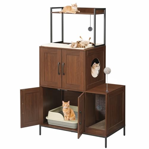 HOOBRO Litter Box Enclosure, Litter Box Furniture with Storage, 2-in-1 Hidden Cat Furniture with Shelf, 2 Dangling Plush Balls and 1 Toy Ball, Large Wooden Cat Washroom, Walnut WL78MW01 - color: Walnut