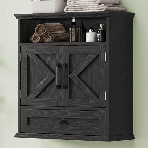 Bathroom Wall Cabinet, Wall Mounted Medicine Cabinet with Drawer, Barn Door & Adjustable Shelf, 24.4"H x 23.6"W x 9"D Black Over Toilet Farmhouse Storage Cabinet for Kitchen, Laundry, Entryway - color: Black, size: 24.4"H x 23.6"W x 9"D