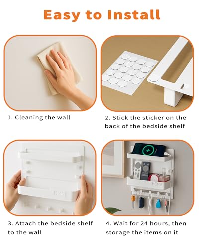 JWShang Bedside Wall Shelf - Adhesive Nightstand Organizer with Hooks and Cable Clips for Earphone Key Remote, Wall Mounted Storage for Bedroom, Dorm, RV, Rental (White) - color: White