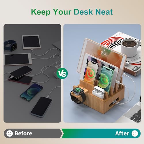 Pezin & Hulin Cell Phone Charging Stations, Bamboo Dock Organizer for Multi Devices, Tablets, Smart Watch, with Pack 5 Cables, No Power Charger Supply - color: Dock Rack +Cables
