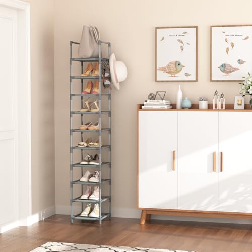 LANTEFUL Narrow Shoe Rack 10-Tier Tall Shoe Organizer Skinny Shoe Shelf Storage for 10-15 Pairs Shoe and Boot, Space Saving Corner Shoe Rack Organizer for Closet, Entryway, Living Room, Grey - color: Grey, size: 10 tiers