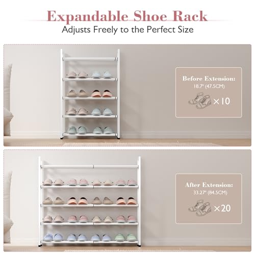 Bumusty 5-Tier Expandable Shoe Rack for Closet, 18“-33” Adjustable Shoe Rack for Small Space, Small Shoe Organizer for Front Door, Sturdy Metal (White) - color: White, size: 5-Tier