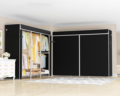 ULIFHOME E14C Pro Heavy Duty Closet Organizer System，Freestanding Clothing Racks for Hanging Clothes，Adjustable Garment Rack 70.1"W × 16.6"D × 76.4"H Hold 960 lbs，White Rack with Black Dustproof Cover - color: White Rack With Black Cover