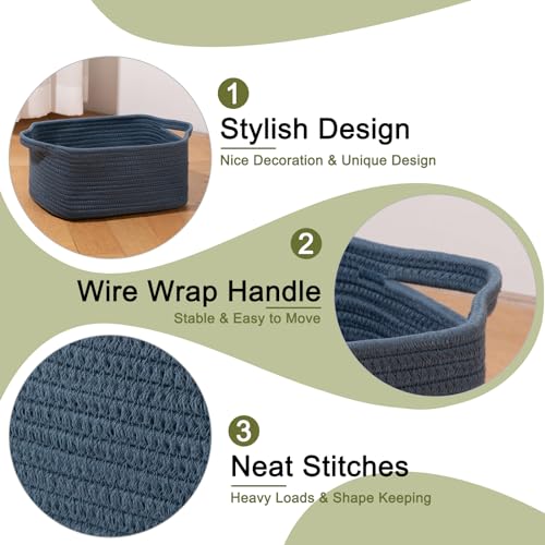 OIAHOMY Cotton Rope Woven Baskets for Storage, Nursery Rectangle Storage Basket with Handles for Shelves, Pack of 3, Blue - color: Blue