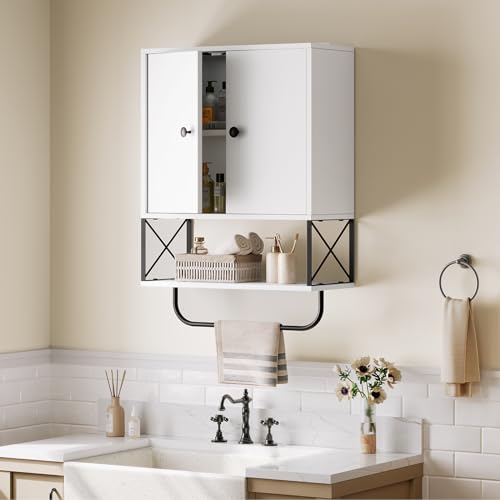 MAHANCRIS Bathroom Wall Cabinet with 2 Door and Adjustable Shelf, Farmhouse Medicine Cabinet with Towel Rack, 3-Tier Wall Mounted Storage Cabinet Over The Toilet for Bathroom, 18.9" L, White - color: White, size: 18.9"L x 7.9"W x 26.1"H
