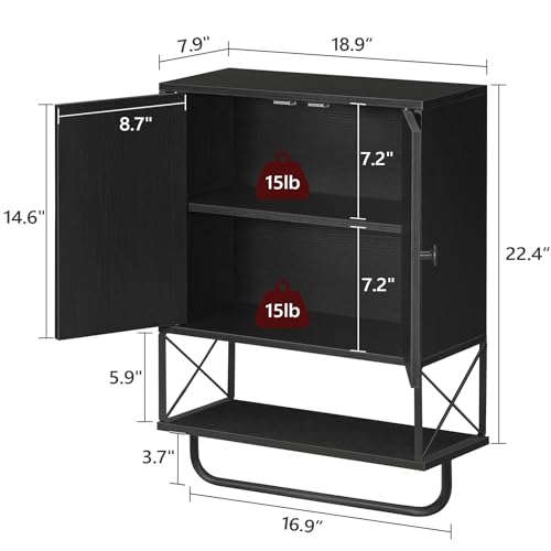 MAHANCRIS Bathroom Wall Cabinet with 2 Door and Adjustable Shelf, Farmhouse Medicine Cabinet with Towel Rack, 3-Tier Wall Mounted Storage Cabinet Over The Toilet for Bathroom, 18.9" L, Black - color: Black, size: 18.9"L x 7.9"W x 26.1"H