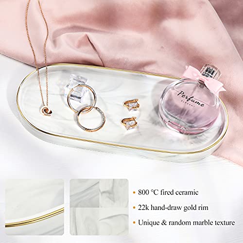 Luxspire Bathroom Vanity Tray, Marble Ceramic Dresser Jewelry Dish with Golden Rim, Decorative Tray Countertop Sink Storage Holder Organizer for Soap Candles Perfume Comestic Home Decor, Marble White - color: Marble White+gold, style: Small