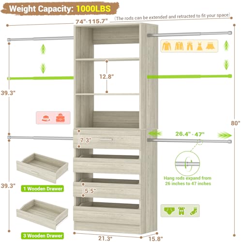 Aheaplus 4-9Ft Closet System, Closet Organizer with 4 Wooden Drawers, Wood Closet Organizer System with Tower, Walk-in Closet Organizer Wardrobe and Storage with 4 Hanging Rods, White Oak - color: White Oak-1Set