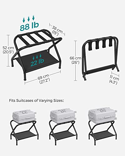 SONGMICS Luggage Racks, Set of 2, Suitcase Stand with Fabric Storage Shelf, for Guest Room, Bedroom, Hotel, Foldable Steel Frame, Holds up to 110 lb, 27.2 x 15 x 20.5 Inches, Black URLR002B02 - color: Black, style: with Shelf