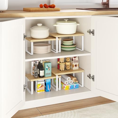 HOOBRO Cabinet Organizer Shelf, Set of 2, Kitchen Countertop Organizer, Kitchen Countertop Shelf, Spice Rack for Counter, Stackable, Expandable for Cabinet, Kitchen, Natural and White WN33TL01 - color: Natural+White