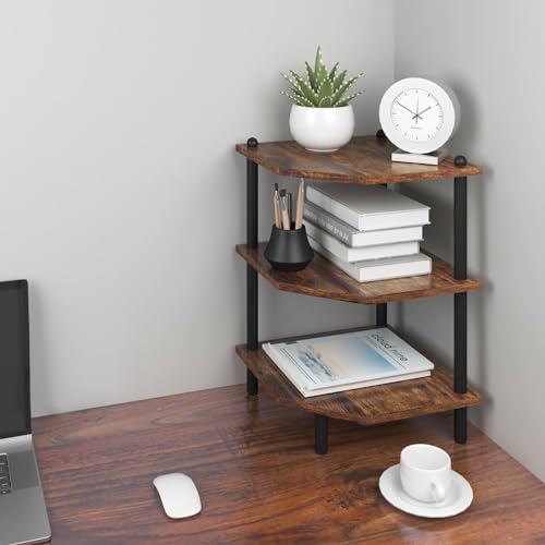 Desktop Corner Stand Shelf for Storage, 3 Tier Corner Shelf Organizer, Rustic Brown Rack for Small Spaces, Bedroom, Home Office, Kitchen, Bathroom - color: Rustic Brown