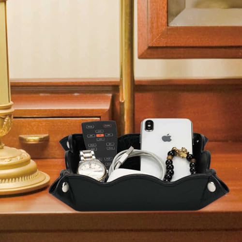 Valet Tray for Men Women - PU Leather Travel Catchall Tray Organizer - Desk Bedside Nightstand Storage Box for Jewelry Key Phone Remote Controller Wallet Watch Glasses Coin Readers -Black - color: Black