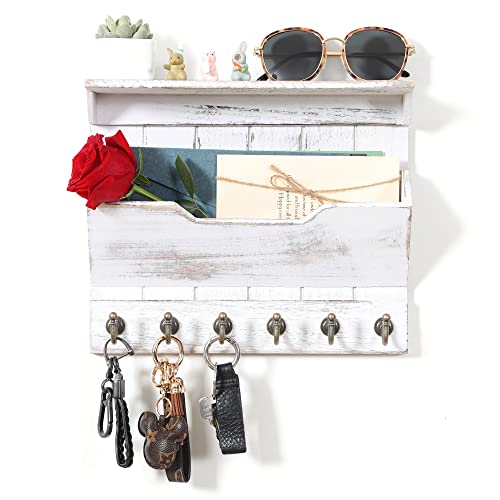DOPACE Key and Mail Holder for Wall, Mail and Key Holder, Mail Organizer Wall Mounted with 6 Key Hooks, White