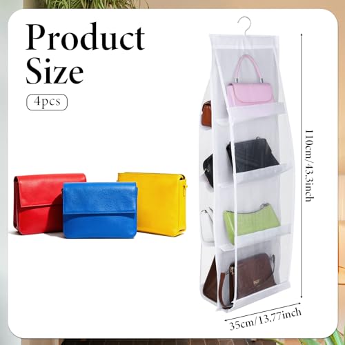 4 Pack Hanging Handbag Purse Organizer for Closet, 8 Pockets Space Saving Purse Storage Organizers Handbag Organizer Holder with Thicken Metal Hooks for Women Wardrobe(White, 41” x 13.8”)