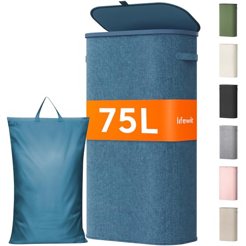 Lifewit Slim Laundry Basket with Lid, Narrow Large Laundry Hamper with Plastic Handles and Removable Bag, Tall Foldable Dirty Clothes Hampers for Laundry Room, Bedroom, Bathroom, Dorm, 75L Dark Blue - color: Dark Blue, size: 75L