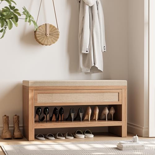 32” Shoe Bench with Storage Drawer, Farmhouse Entryway Bench with Linen Seat Cushion, Wooden Shoe Rack with Shelf for Entryway Hallway Living Room Bedroom, Oak