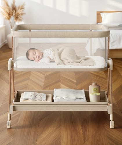 Fodoss Baby Bassinets Bedside Sleeper - 3-in-1 Baby Bassinet with Wheels, Soft Mattress, Storage Tray, Full-Mesh Sides, 7-Height Adjustable Crib for Newborns - color: Beige Tweed+wood Grain