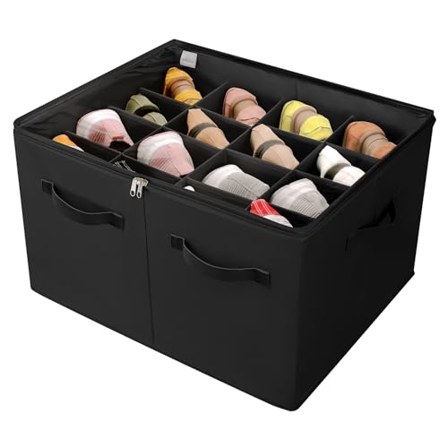 TOPIA HOME Shoe Organizer for Closet, Foldable Shoe Box with Adjustable Dividers and Clear Cover, Space Saving Shoe Storage Organizer Cabinet with Reinforced Handles, Fits 16 Pairs, Black, TP09B - color: Black, size: Large(20.87''L x 16.54''W x 13.5''H)