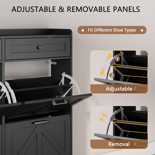 Shoe Cabinet with 4 Flip Drawers & 2 Top Drawers, 43" Tall Freestanding Narrow Wooden Shoe Storage Organizer for Entryway, Hidden Slim Shoe Rack for Front Door Entrance, Hallway, Living Room, Black - color: Black, size: 4 Flip Drawers