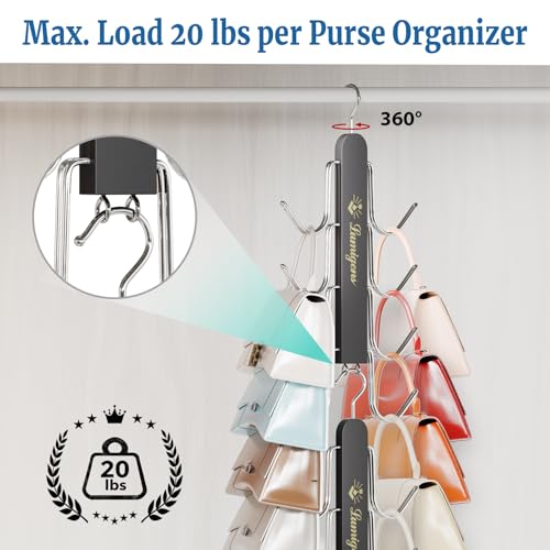 Purse Hanger, Purse Organizer for Closet with 8 Hooks for Heavy Bags, Sturdy Bag Storage, Rotatable Handbag Holder, Purse Rack Space Saving Backpack Hanging Closet Organizer Hangers, Black - color: Black, size: 1pack