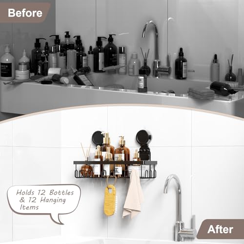 JOTPE Shower Caddy Suction Cup, Powerful Suction Storage Shelf Holds Up to 40 lbs, No Drilling Bathroom Organizer with Large Capacity, Removable & Reusable Shower Basket with Hooks, Rustproof, Black - size: Size: 1 x Medium