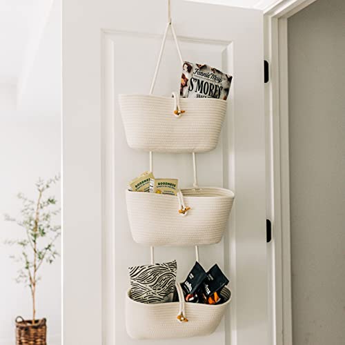 OrganiHaus White 3-Tier Wall Hanging Baskets for Organizing, Hanging Storage Basket, Over the Door Basket Organizer, Wall Mounted Basket for Nursery Organization, Hanging Baskets for Nursery Decor - color: Full Off-white