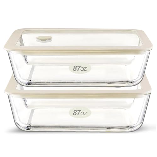 Urban Green Glass Food Container Set with Glass Lid, Large Meal Prep Container Set, Airtight Food Storage Containers with Air Vent Lid, 2 Pack, Large, 87oz, LeakProof, 100% Plastic Free, White color, - color: White Sand - 2P