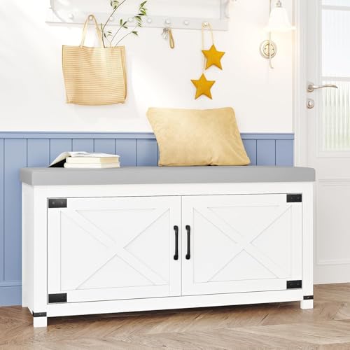 Hzuaneri Shoe Storage Bench, 2 Tier Shoe Bench with Padded Seat Cushion & 2 Barn Doors, Entryway Bench with Adjustable Shelf, Farmhouse Shoe Cabinet for Living Room, Bedroom, White SB26603GY - color: White, size: 39.4"W