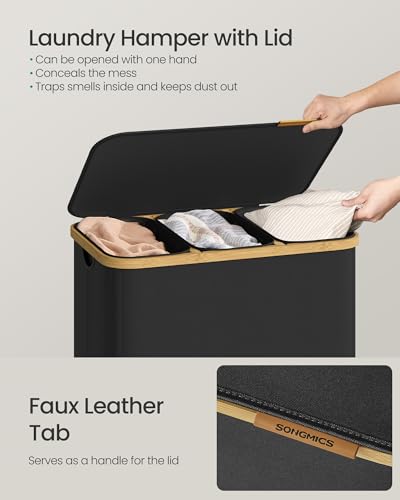 SONGMICS Laundry Hamper, Laundry Sorter with Lid, Storage Basket Bin, Removable Liners, Bamboo Frame, for Bedroom, 3 Sections, 44.9 Gal. (170 L), Ink Black ULCB533BH01 - color: Ink Black, size: 170 L (3-Section)