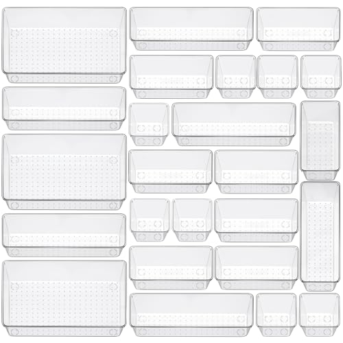 25 Piece Clear Drawer Organizer Set, 4 Sizes Bathroom Vanity Organizer Trays and Storage Bins for Makeup, Cosmetics, Jewelry, and Gadgets. Perfect for Office, Kitchen, Bedroom, Bathroom Use. - size: 25pcs-4size