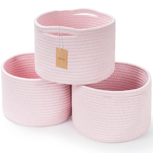 Small Rope Baskets for Storage, Baskets for Gifts Empty, Cute Round Woven Basket, Decorative Shelf Baskets 9.82×9.82×7.1", Cotton Toy Basket Storage Bins for Organizer 3 Packs-Pink - color: Pink-3PCS