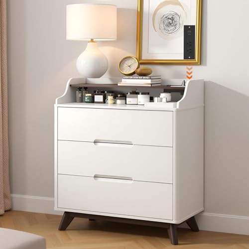 3 Drawer Dressers for Bedroom, 32" Large Wood Dresser w/Charging Station, Open Shelf Top, Pre-Installed Slides, Wide Modern Dressers with 3 Drawer Storage Organizer for Bedroom Living Room, White - color: White, size: 16"D x 32"W x 35"H (3 Drawers)