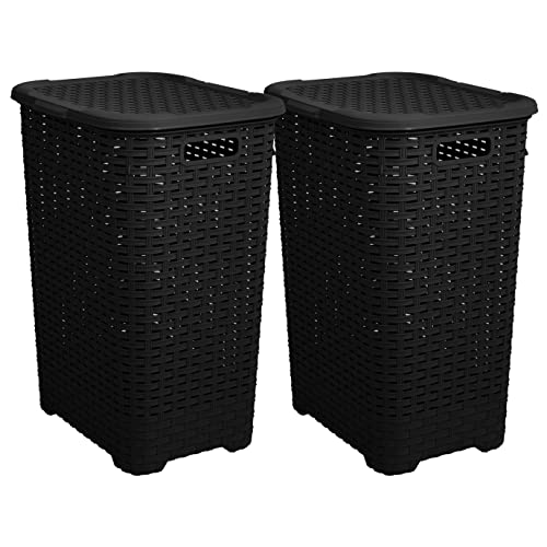 Plastic Laundry Hamper with Lid Laundry Hamper Basket, Black 2 Pack Tall Cloths Hamper Organizer with Cut-out Handles. Space Saving for Laundry Room Bedroom Bathroom, Wicker Design 60 Liter - color: Black, size: 2-pack