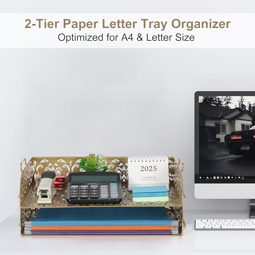 EasyPAG Paper Organizer for Desk 2 Tier Stackable Paper Tray for A4 Legal Size Folders Metal File Storage Desktop Organizer for Home Office School Teacher, Gold - color: Gold