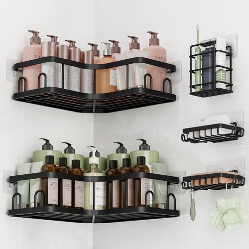 Veken Corner Shower Caddy 5-Pack, Advanced Rustproof Design, No Drilling Adhesive Shelves, Rack with Soap Holder, Large Capacity Bathroom Organizers and Storage, Wall-Mounted Kitchen&Home Decor,Black - color: Black, size: 5-Piece Set(2 Large+3 Small)