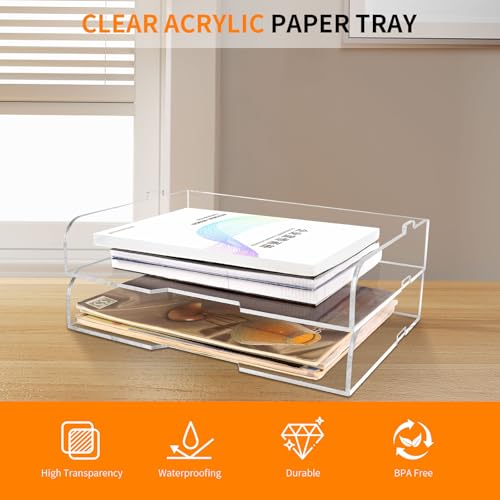 2 Pack- Stackable Paper Letter Tray,Clear Acrylic Magazine Holder and File Organizer - Sleek Desk Organizer for Home Office, Bookshelf, or Workspace - Space-Saving Transparent Document Holder - style: Stackable-2 Pack