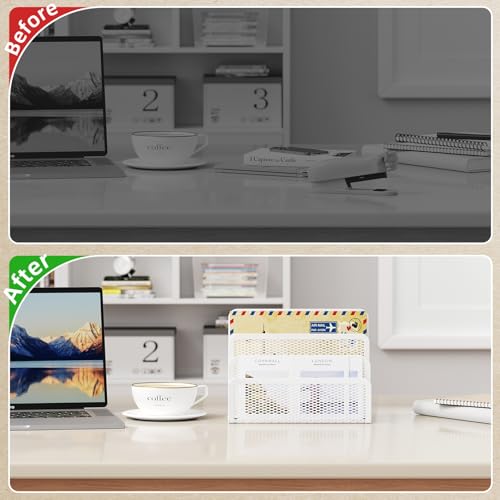 Marbrasse Mail Organizer for Desk, 3-Slot Mesh Metal Mail Holder countertop, Letter Holder, Office Desktop Envelope and Document Storage Rack (White) - color: White