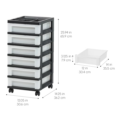 IRIS USA Craft Plastic Organizers and Storage, Rolling Storage Cart for Classroom Supplies, Storage Organizer for Art Supplies, Drawer Top Organizer for Small Parts, 6 Drawer, Black/Pearl - color: Black, size: 6 Drawer with Wheels