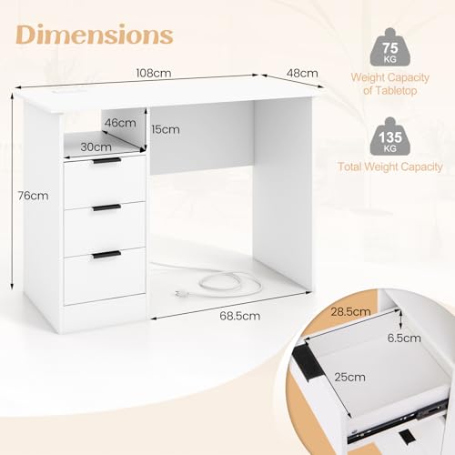 Giantex White Desk with Drawers, Modern Computer Desk with Charging Station, PC Laptop Table Computer Workstation with Storage, Makeup Vanity Table, Writing Desk for Bedroom