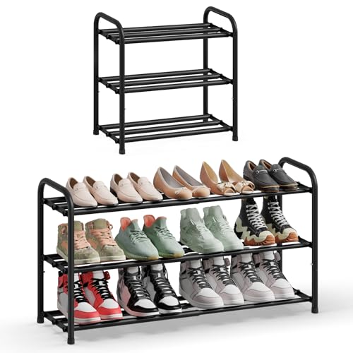 SONGMICS Expandable Shoe Rack, Adjustable Shoe Organizer Storage Shelf, Sturdy and Heavy-Duty, for Closet, Entryway, Living Room, 3-Tier, Ink Black ULMR036BD01 - size: 3 Tiers (18.8"H)