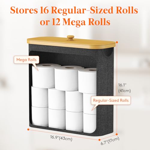 Lifewit Toilet Paper Storage Holder for 12 to 16 Rolls, Free Standing Toilet Paper Basket Stand with Bamboo Lid, Collapsible Fabric Bathroom Organizer Box for Mega Rolls, 30L, Extra Large, Dark Gray - color: Dark Gray, size: 30L
