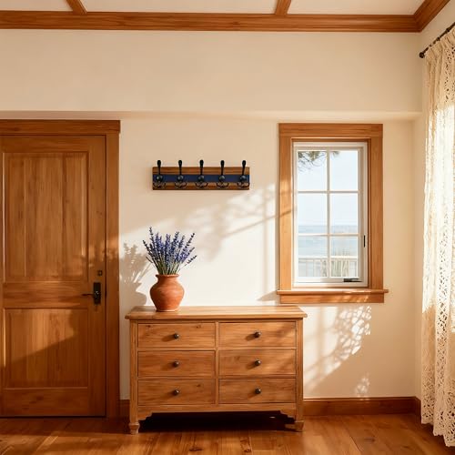 SKOLOO Rustic Wall Mounted Coat Rack - 16-7/8" Long Coat Hooks for Wall with 5 Triple Hooks for Hanging Coats, Hats or Tools, Western National Parks Collection, Wood Brown & Blue - color: Blue & Brown Plates & Black Hook, size: 1 Item-5 Hooks
