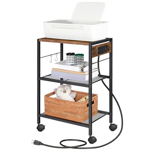 HOOBRO Industrial Printer Stand, 3-Tier Mobile Printer Table, Rolling Cart with Power Outlets and USB Ports, Home Printer Stand with 2 Hooks, for Office, Living Room, Rustic Brown BF22UPS01 - color: Rustic Brown + Black