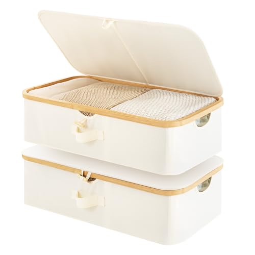 StorageWorks Underbed Storage Containers with Lids, 2-Pack 7" Low Profile Under Bed Storage Box with Bamboo Frame for Clothes, Bedding, Blankets and Shoes, 42L Sturdy Fabric Organizer, Beige - color: Beige, size: 2