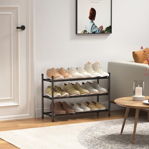 Uneviesyka Expandable Shoe Rack, 3 Tier Shoe Rack for Closet, Stackable Adjustable Standing Metal Shoe Shelf Organizer Storage, Small Shoe Racks for Front Door Entrance、Entryway(Black) - size: 3 Tier