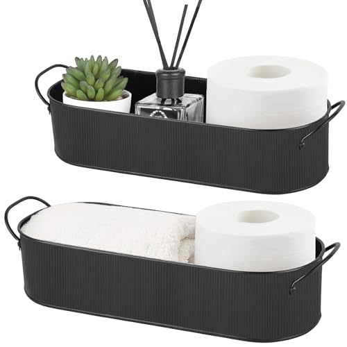 Mkono Metal Storage Basket for Toilet Tank Top Bathroom Decor, Galvanized Tray with Handle for Shelves, Farmhouse Toilet Paper Holder Organizing Bin Box for Countertop Living Room, Set of 2, Black - color: Black